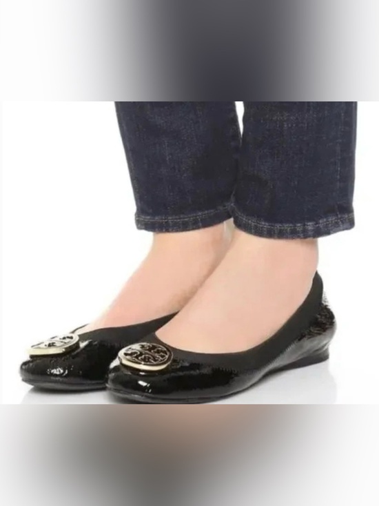 Tory Burch Shoes - Tory Burch Caroline Naplak elastic Black Patent Logo Medallion Ballet Flats